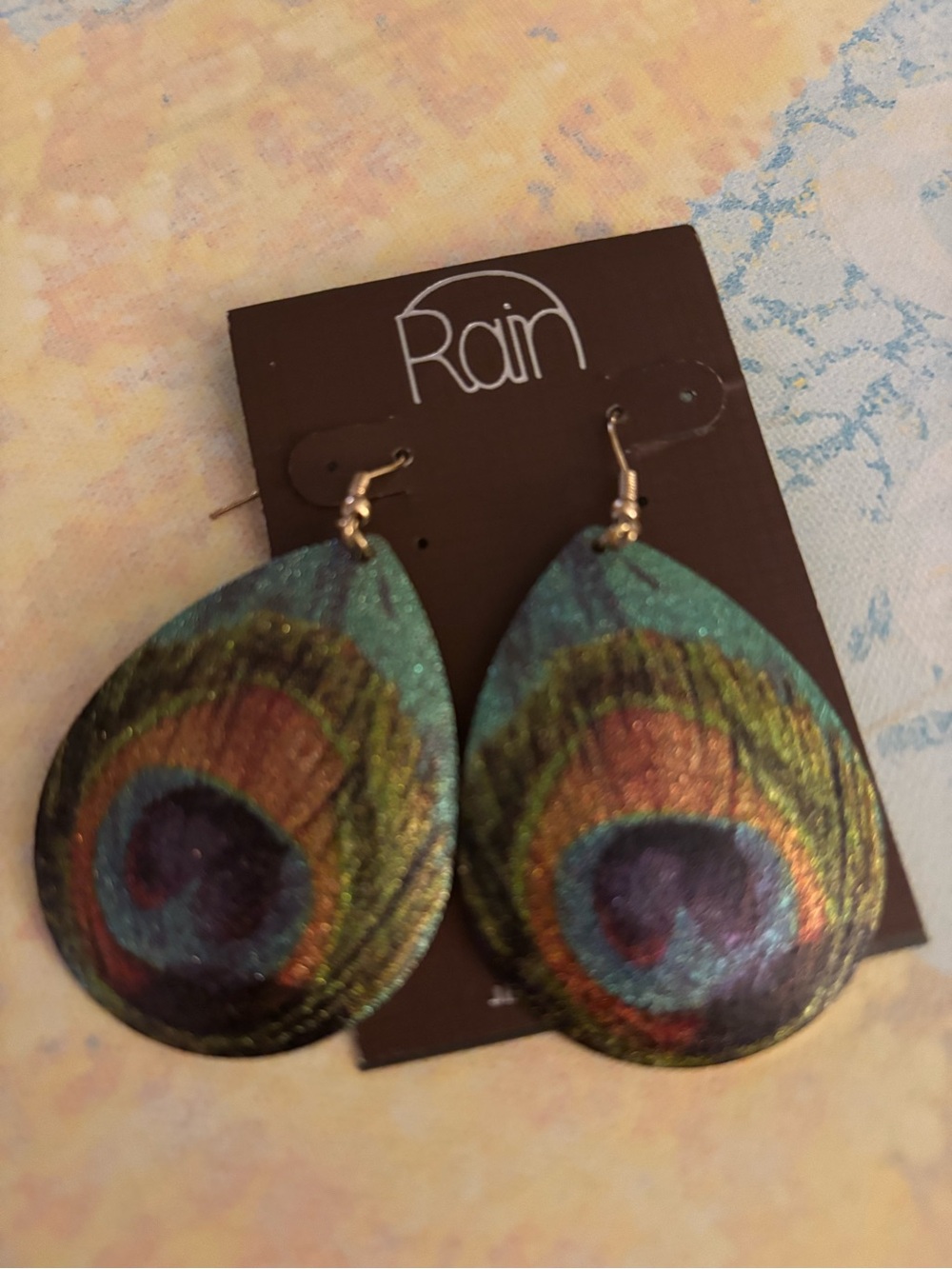 Peacock painted earrings by Rain. 2 inches long gold-tone look backings $9.00 - Picture 1 of 4